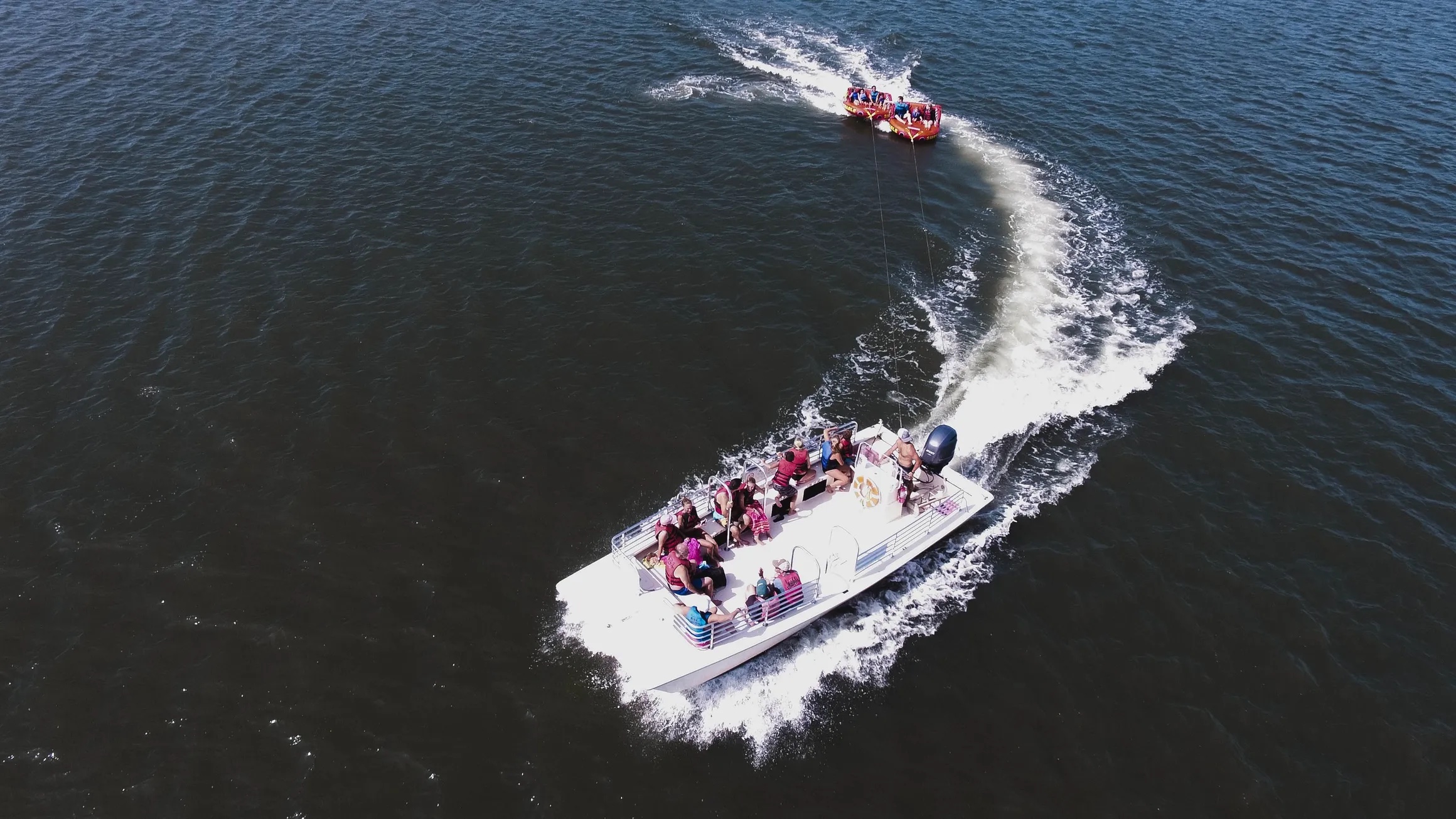 Aerial view of Island Water Sports boat charter on the bay near Stone Harbor NJ